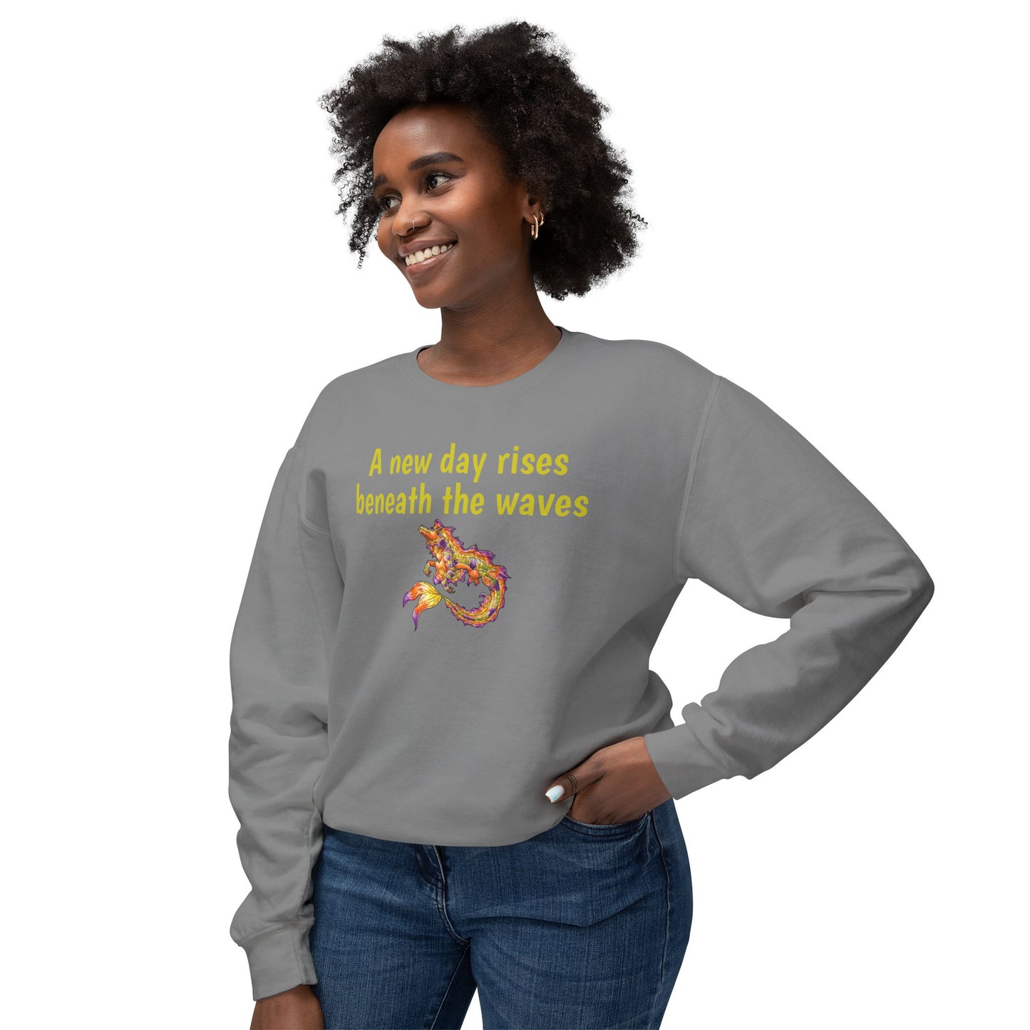 Sunrise Hippocampus – New Day- Golden Ocean Fantasy Art – Warm Fantasy Sea Creature Art- Unisex Crewneck