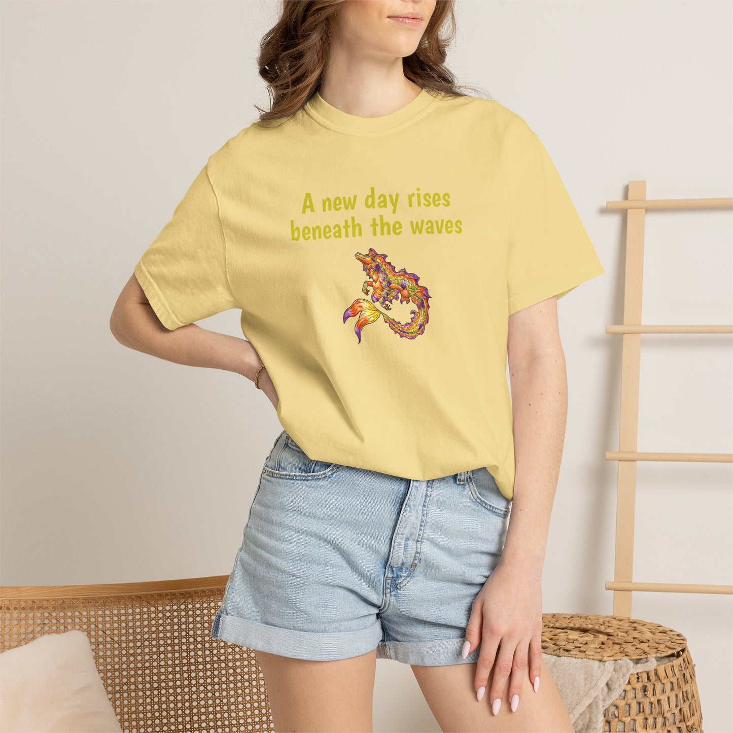 Sunrise Hippocampus – New Day- Golden Ocean Fantasy Art – Warm Fantasy Sea Creature Art- T-Shirt