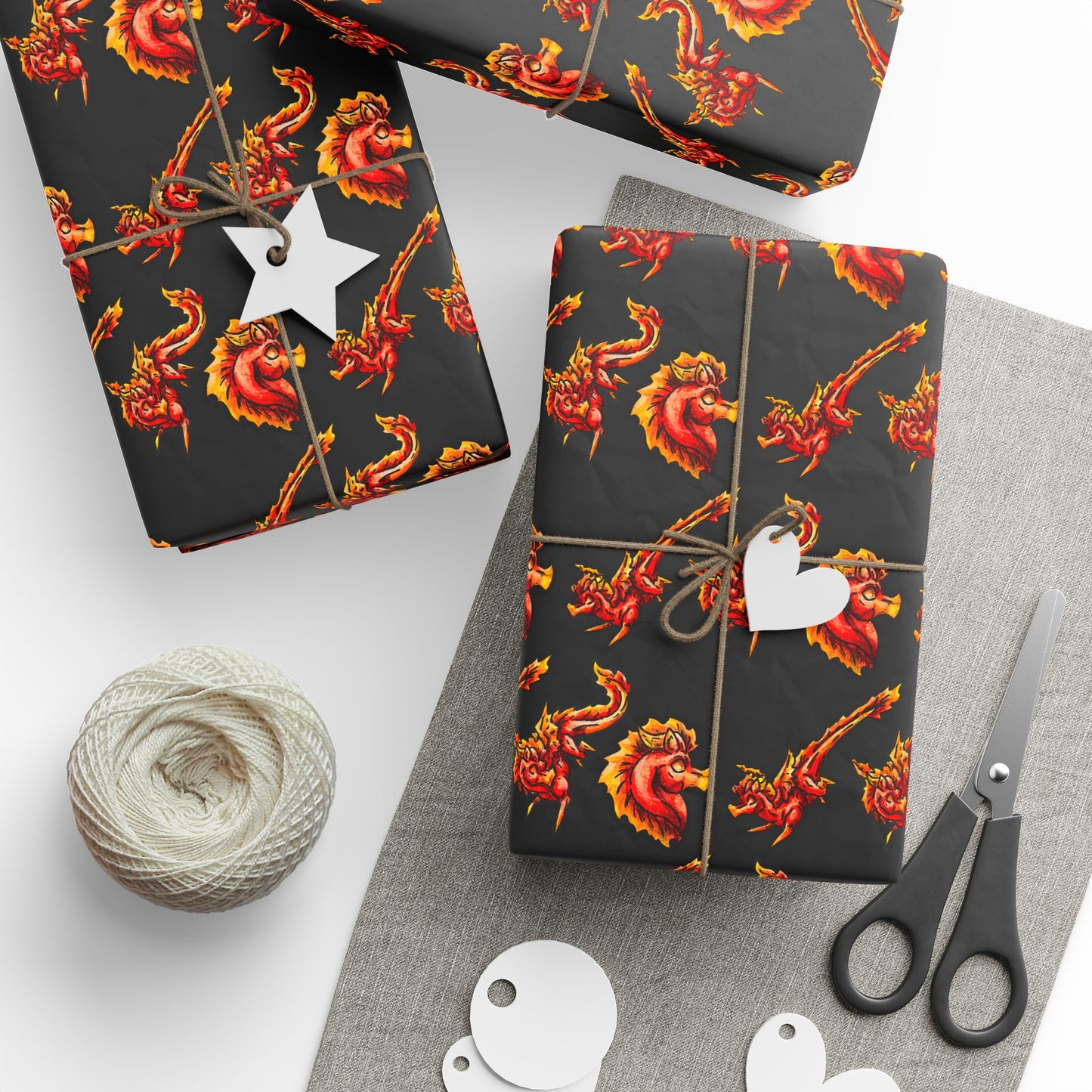Chibi Fire Dragon- Pattern- Elemental- Fantasy Dragon- Gift Wrap