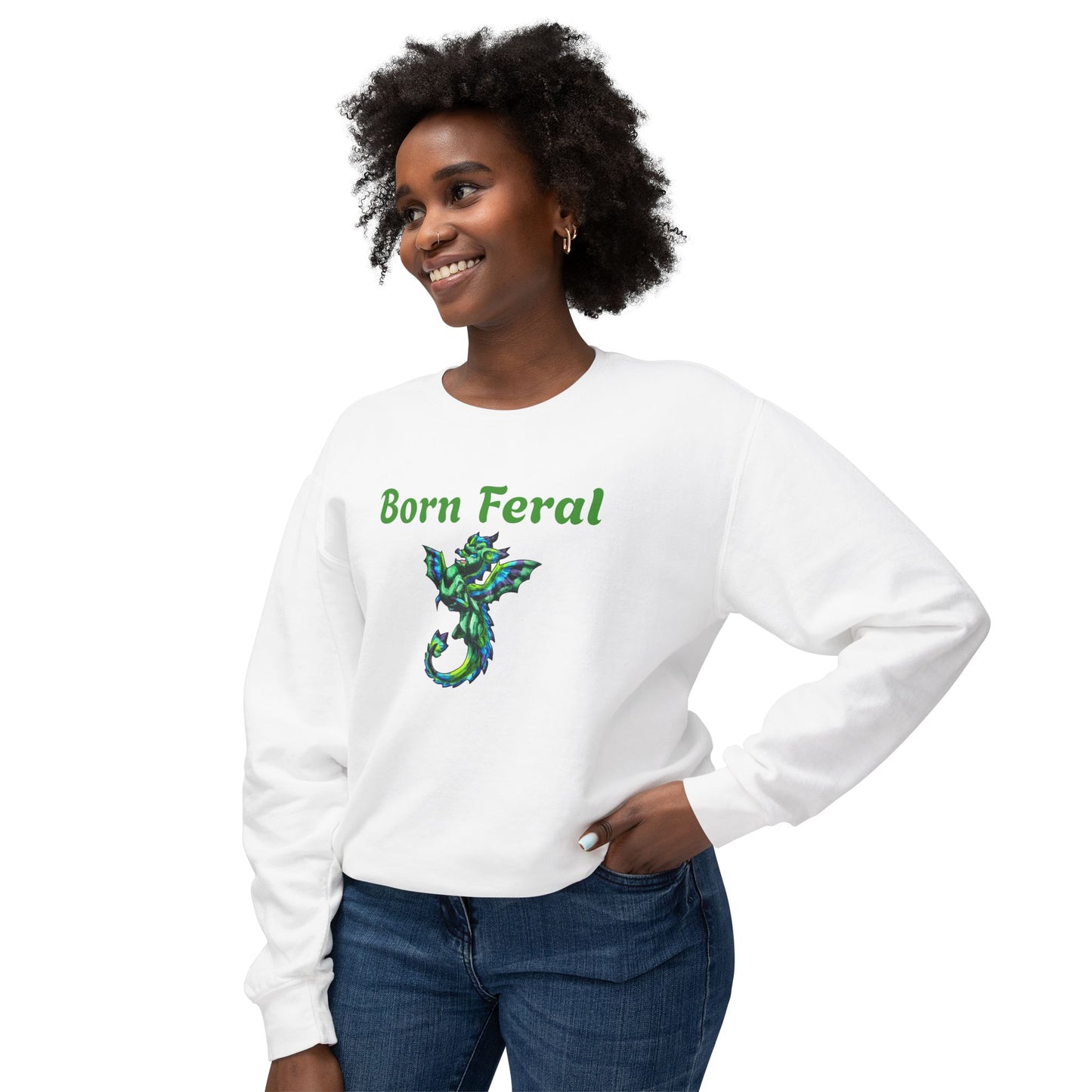 Arlith- Emerald Chibi Dragon – Aggressive Green Fantasy Chibi Dragon– Born Feral Crewneck – Mythical Creature– Dragon Lover Gift Unisex Crewneck