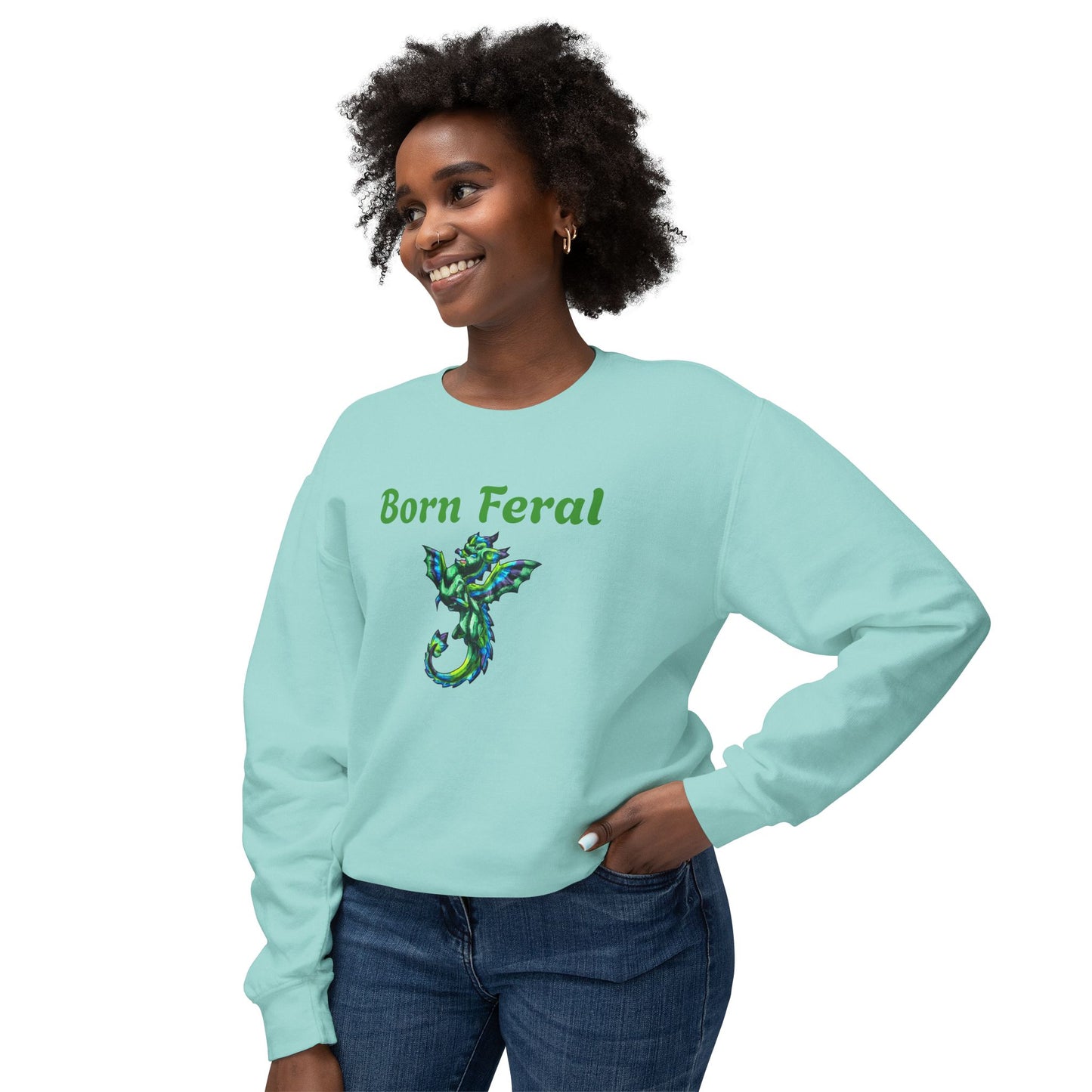 Arlith- Emerald Chibi Dragon – Aggressive Green Fantasy Chibi Dragon– Born Feral Crewneck – Mythical Creature– Dragon Lover Gift Unisex Crewneck