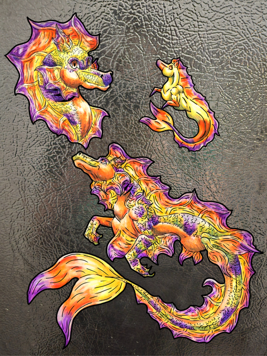 Sunrise Hippocampus- Golden Ocean Fantasy Art- Warm Fantasy Sea Creature Art- 4pk Magnets