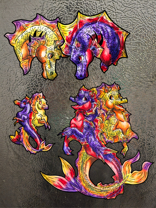 Baby Dual Hippocampus – Dual Ocean Fantasy Art – Hippocampus Pair - 3pk Magnets