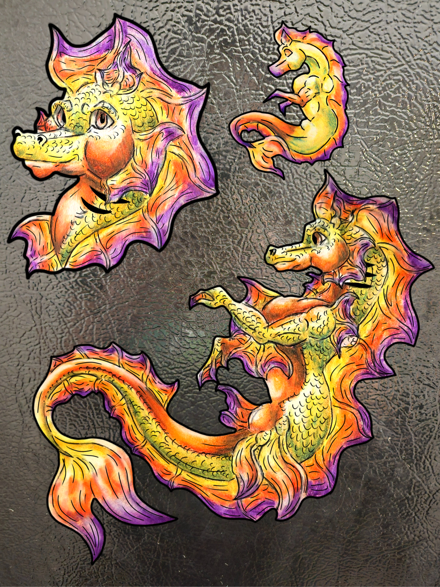 Baby Sunrise Hippocampus- Golden Ocean Fantasy Art- Warm Fantasy Sea Creature Art- 4pk Magnets