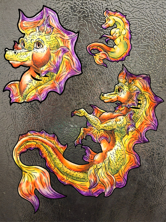 Baby Sunrise Hippocampus- Golden Ocean Fantasy Art- Warm Fantasy Sea Creature Art- 4pk Magnets