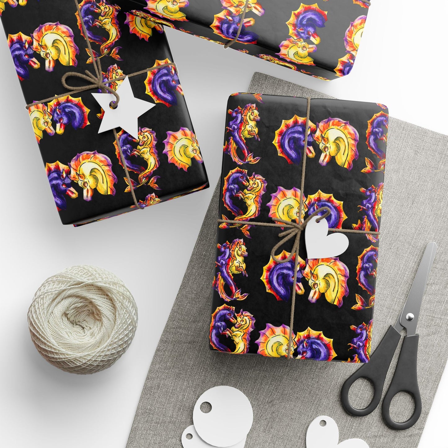 Chibi Dual Hippocampus – Pattern- Dual Ocean Fantasy Art – Hippocampus Pair- Wrapping Paper