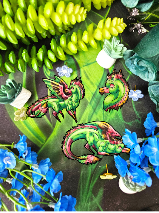 Chibi Spring Dragon- Fantasy Nature- Mythical Creature- Forest Guardian Art - Dragon Lover Gift - 3pk mini Stickers