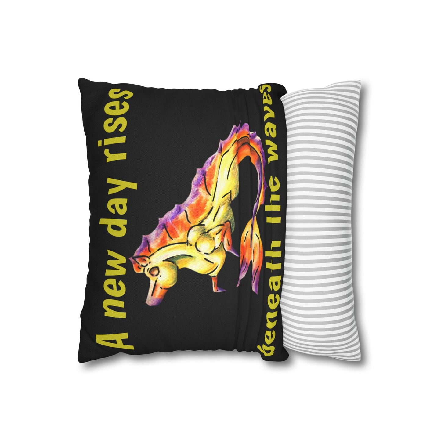 Chibi Sunrise Hippocampus – Golden Ocean Fantasy Art – Warm Fantasy Sea Creature Art- Double-sided Pillowcase