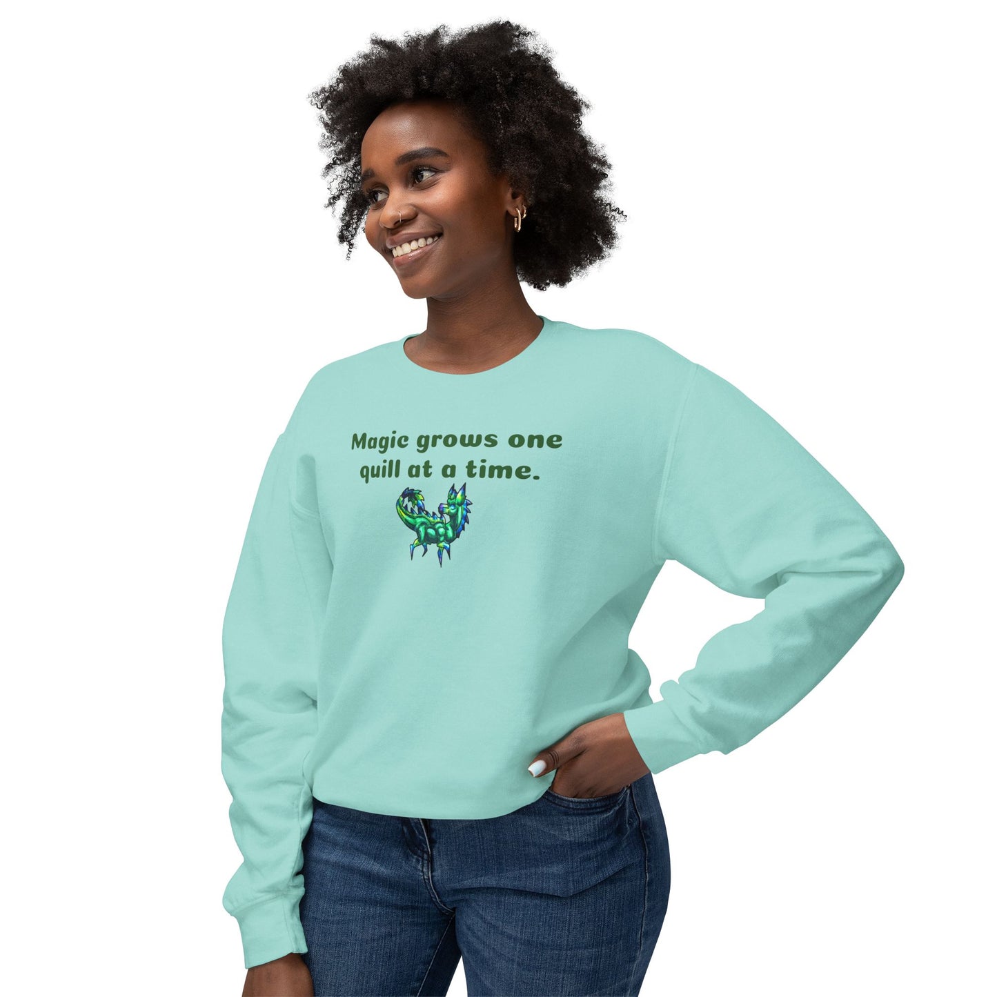 Chibi Arlathia the Hedgehog- Magic Quills- Green Creature Drawing - Cute Animal Illustration- Crewneck