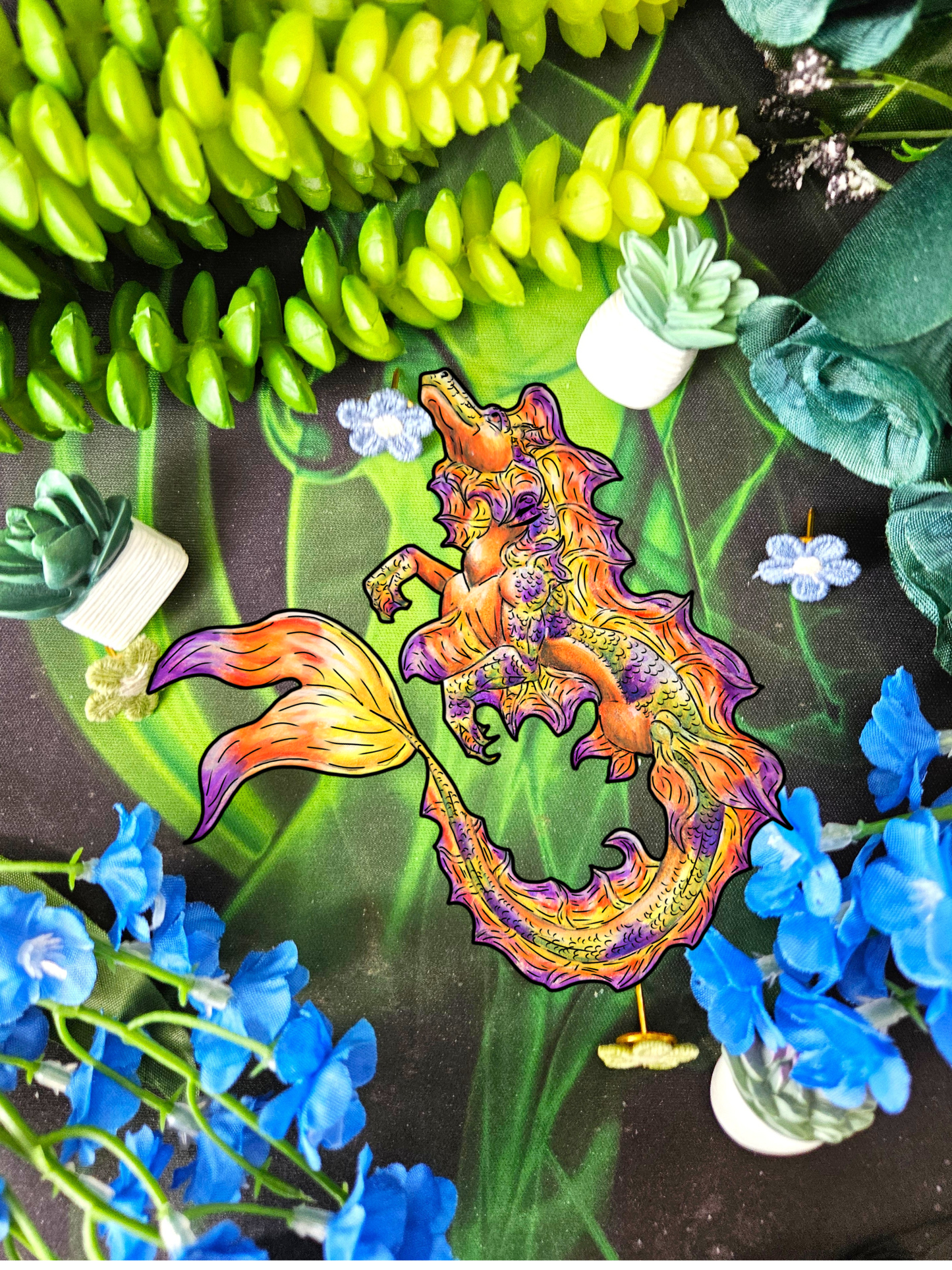 Sunrise Hippocampus- Golden Ocean Fantasy Art – Warm Fantasy Sea Creature Art- Body Sticker