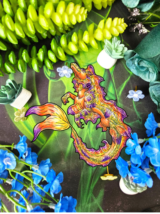 Sunrise Hippocampus- Golden Ocean Fantasy Art – Warm Fantasy Sea Creature Art- Body Sticker