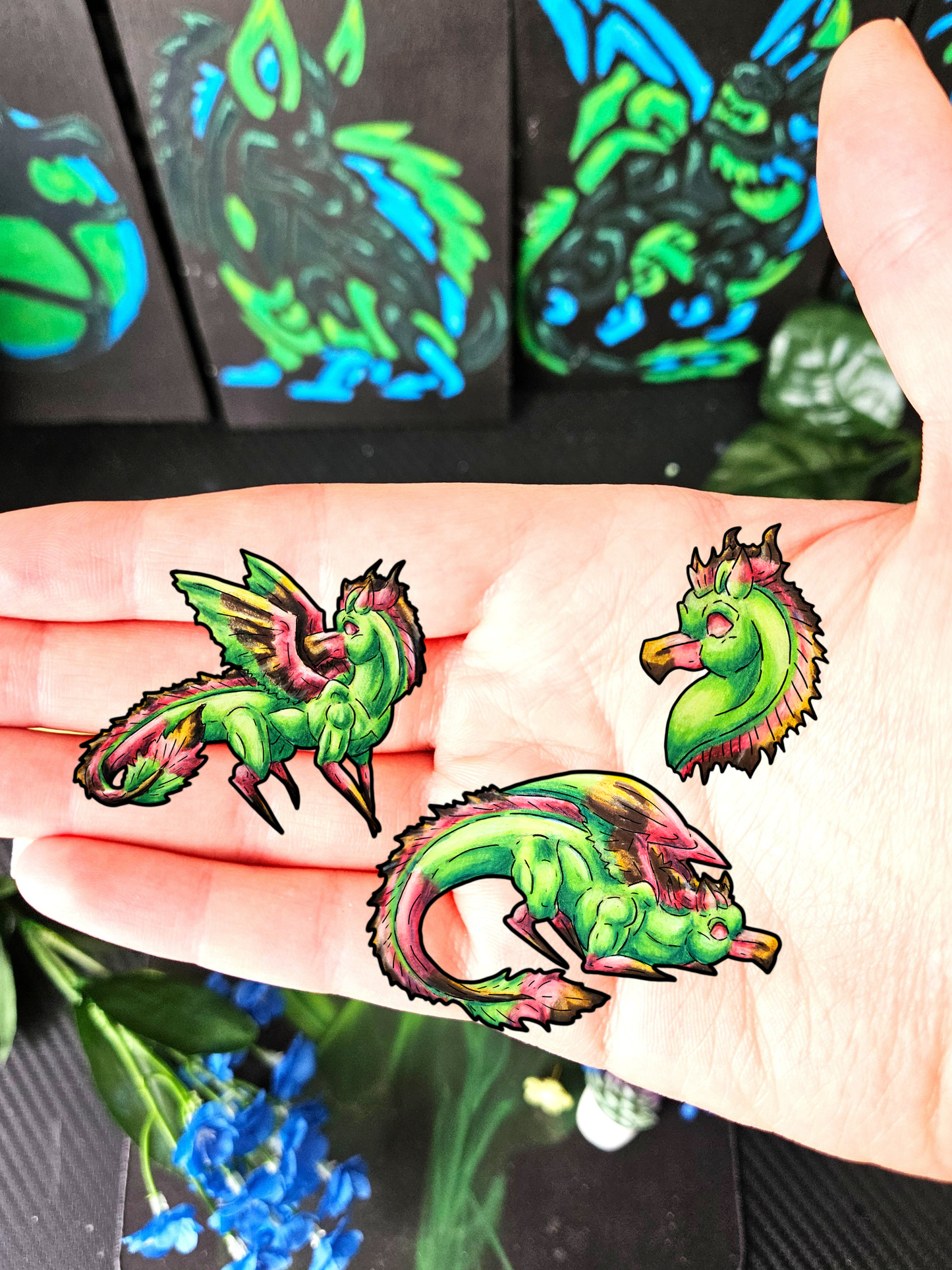 Chibi Spring Dragon- Fantasy Nature- Mythical Creature- Forest Guardian Art - Dragon Lover Gift - 3pk mini Stickers