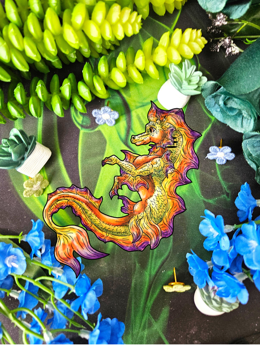 Baby Sunrise Hippocampus- Golden Ocean Fantasy Art – Warm Fantasy Sea Creature Art- Body Sticker