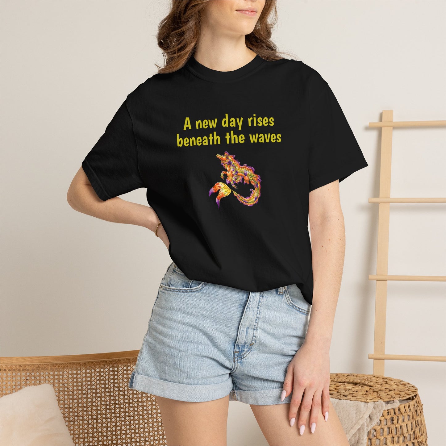 Sunrise Hippocampus – New Day- Golden Ocean Fantasy Art – Warm Fantasy Sea Creature Art- T-Shirt