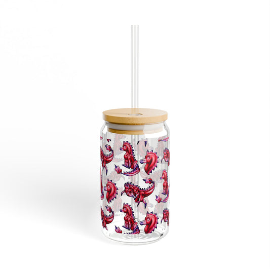 Chibi Mehr the Garudimimus- Pattern- Feathered Dino- Prehistoric Dinosaur- 16oz Glass Tumbler