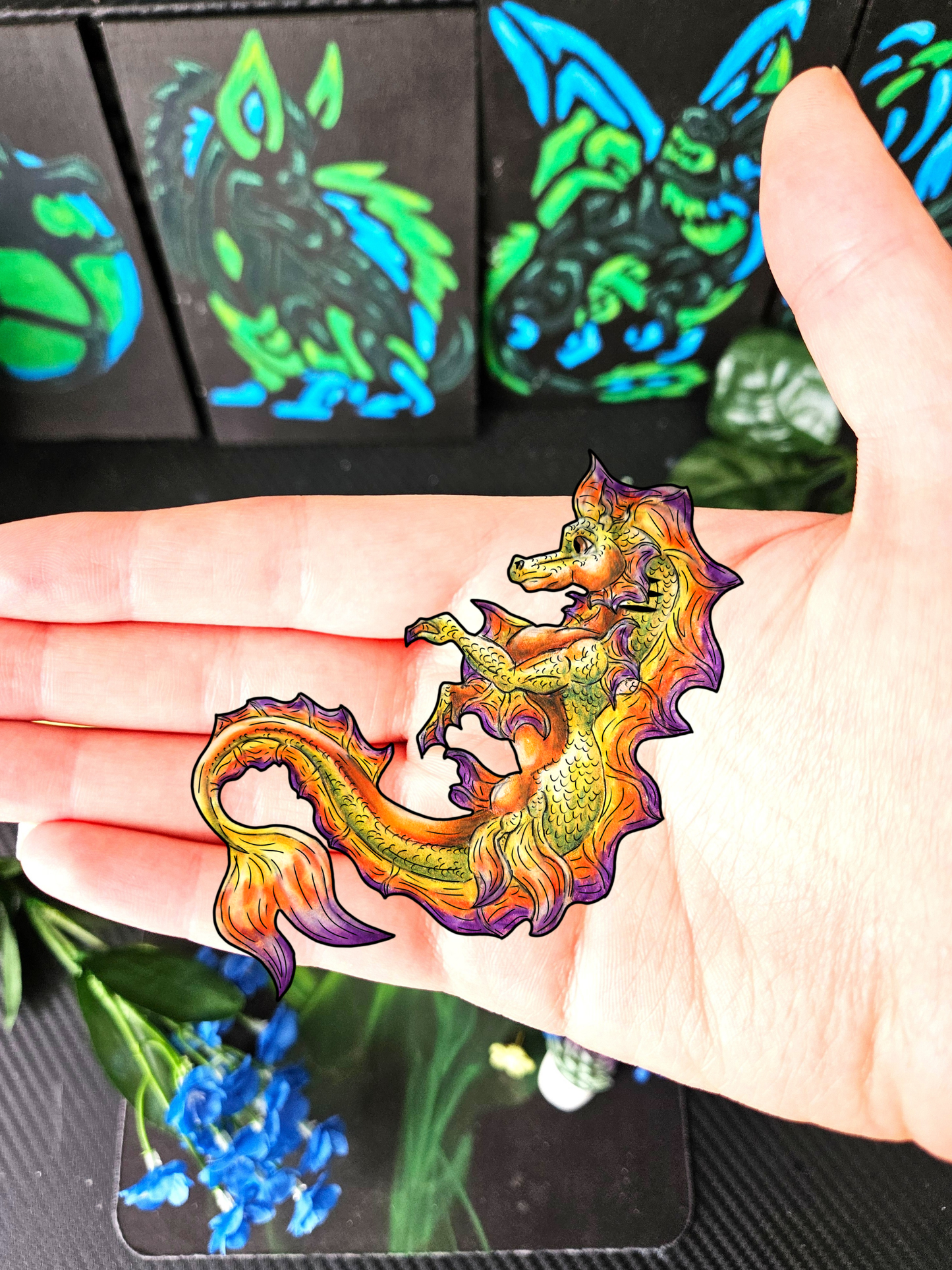 Baby Sunrise Hippocampus- Golden Ocean Fantasy Art – Warm Fantasy Sea Creature Art- Body Sticker
