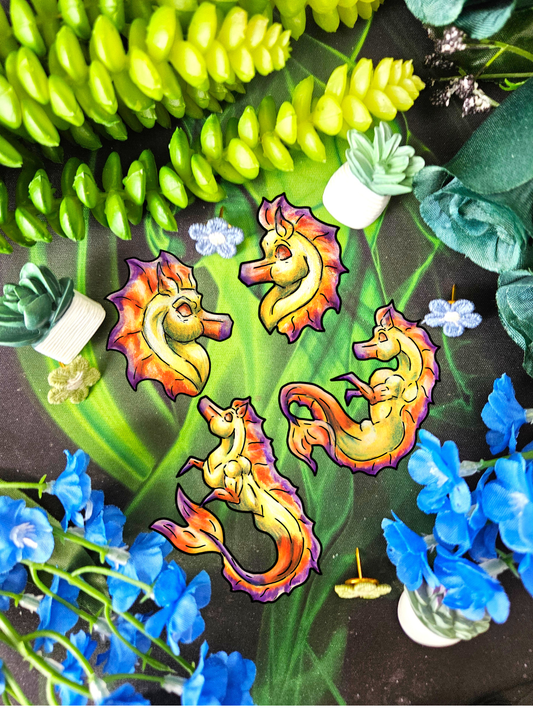 Chibi Sunrise Hippocampus- Golden Ocean Fantasy Art – Warm Fantasy Sea Creature Art- 4pk Sticker