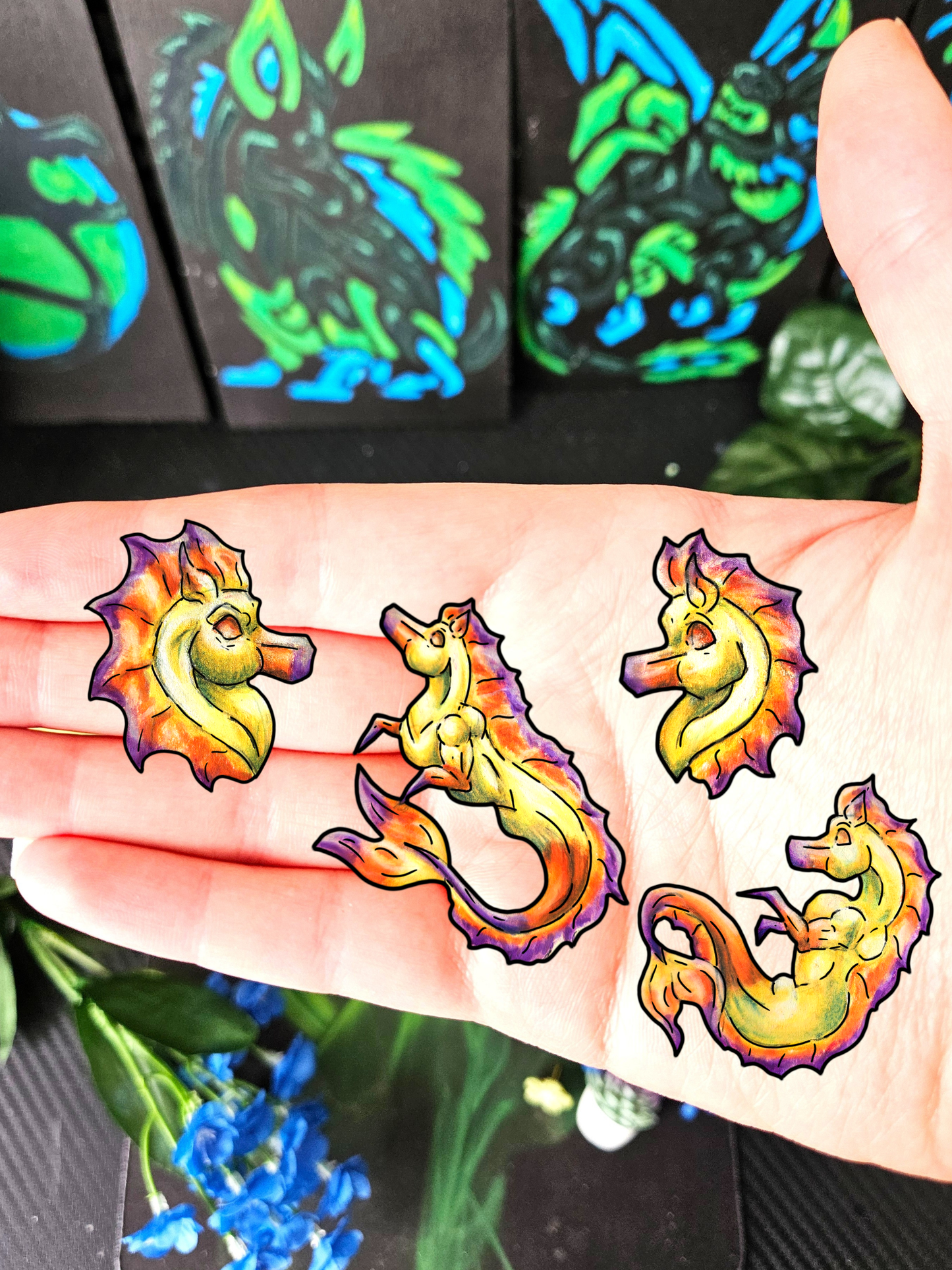 Chibi Sunrise Hippocampus- Golden Ocean Fantasy Art – Warm Fantasy Sea Creature Art- 4pk Sticker