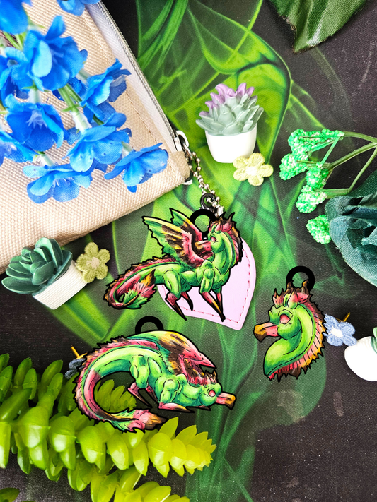 Chibi Spring Dragon- Fantasy Nature- Mythical Creature- Forest Guardian Art - Dragon Lover Gift- Shrink Charm 3pk