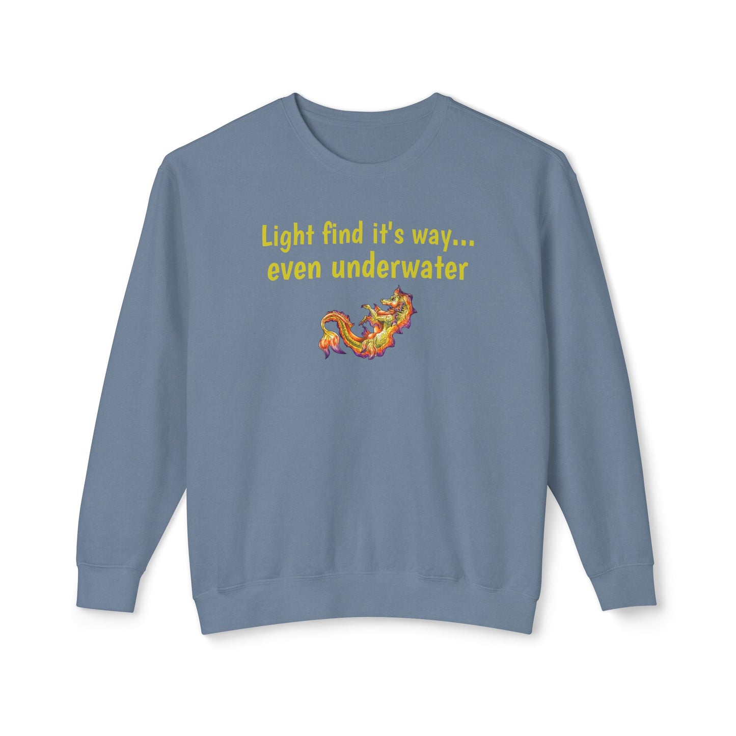 Baby Sunrise Hippocampus – Light Underwater- Golden Ocean Fantasy Art – Warm Fantasy Sea Creature Art- Unisex Crewneck