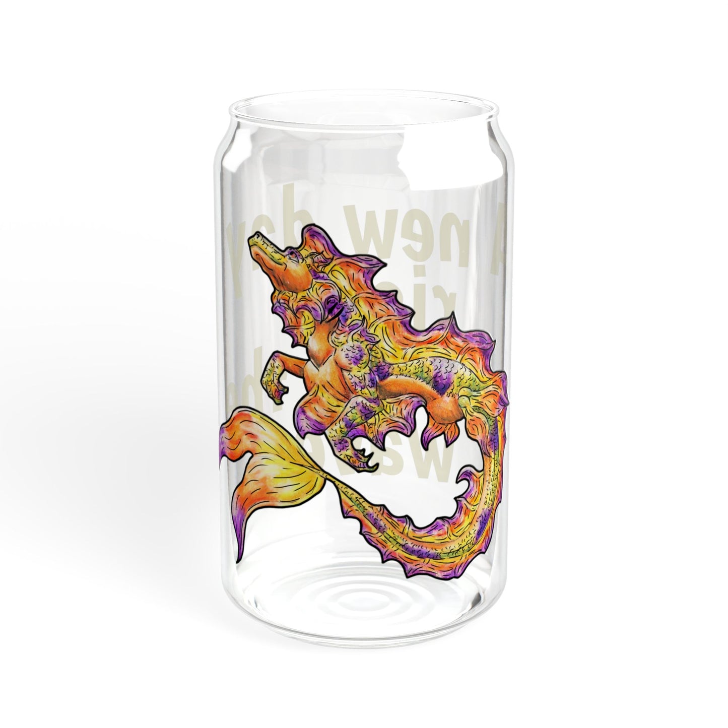 Chibi Sunrise Hippocampus – New Day- Golden Ocean Fantasy Art – Warm Fantasy Sea Creature Art- Glass Tumbler 16oz