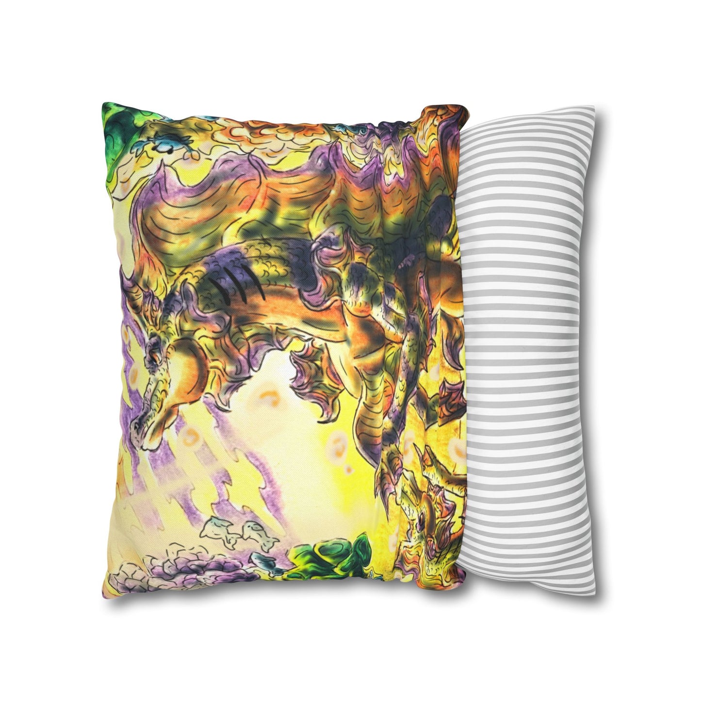 Sunrise Hippocampus – Golden Ocean Fantasy Art – Warm Fantasy Sea Creature Art- Pillow Cover