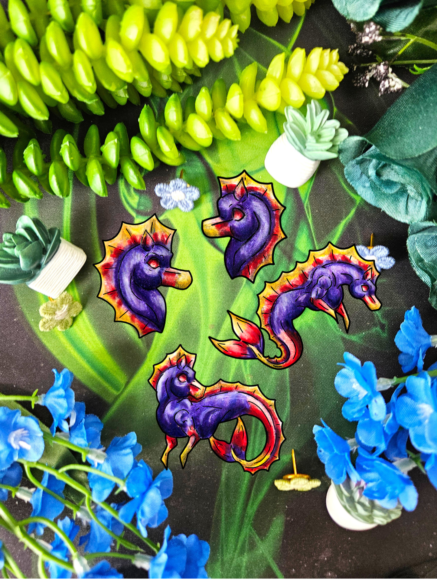Chibi Sunset Hippocampus- Vibrant Ocean Fantasy Art- Marine Fantasy Illustration- 4pk Stickers