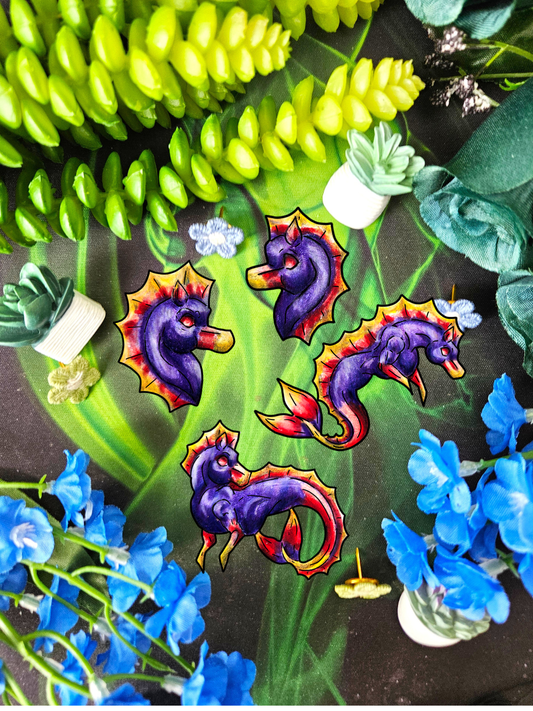 Chibi Sunset Hippocampus- Vibrant Ocean Fantasy Art- Marine Fantasy Illustration- 4pk Stickers