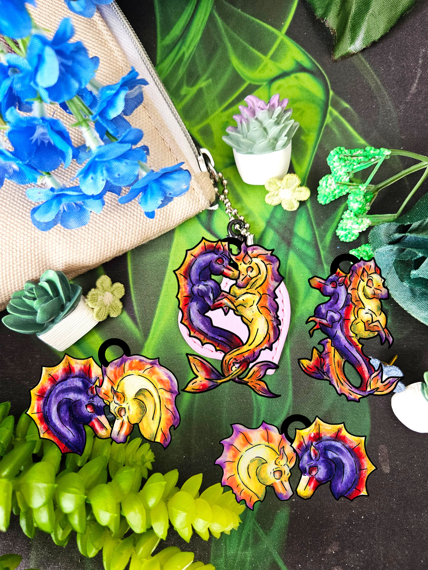 Chibi Dual Hippocampus – Dual Ocean Fantasy Art – Hippocampus Pair - Shrink Charms 4pk