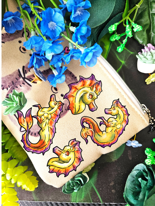 Chibi Sunrise Hippocampus – Golden Ocean Fantasy Art – Warm Fantasy Sea Creature Art- Shrink Pin 4pk