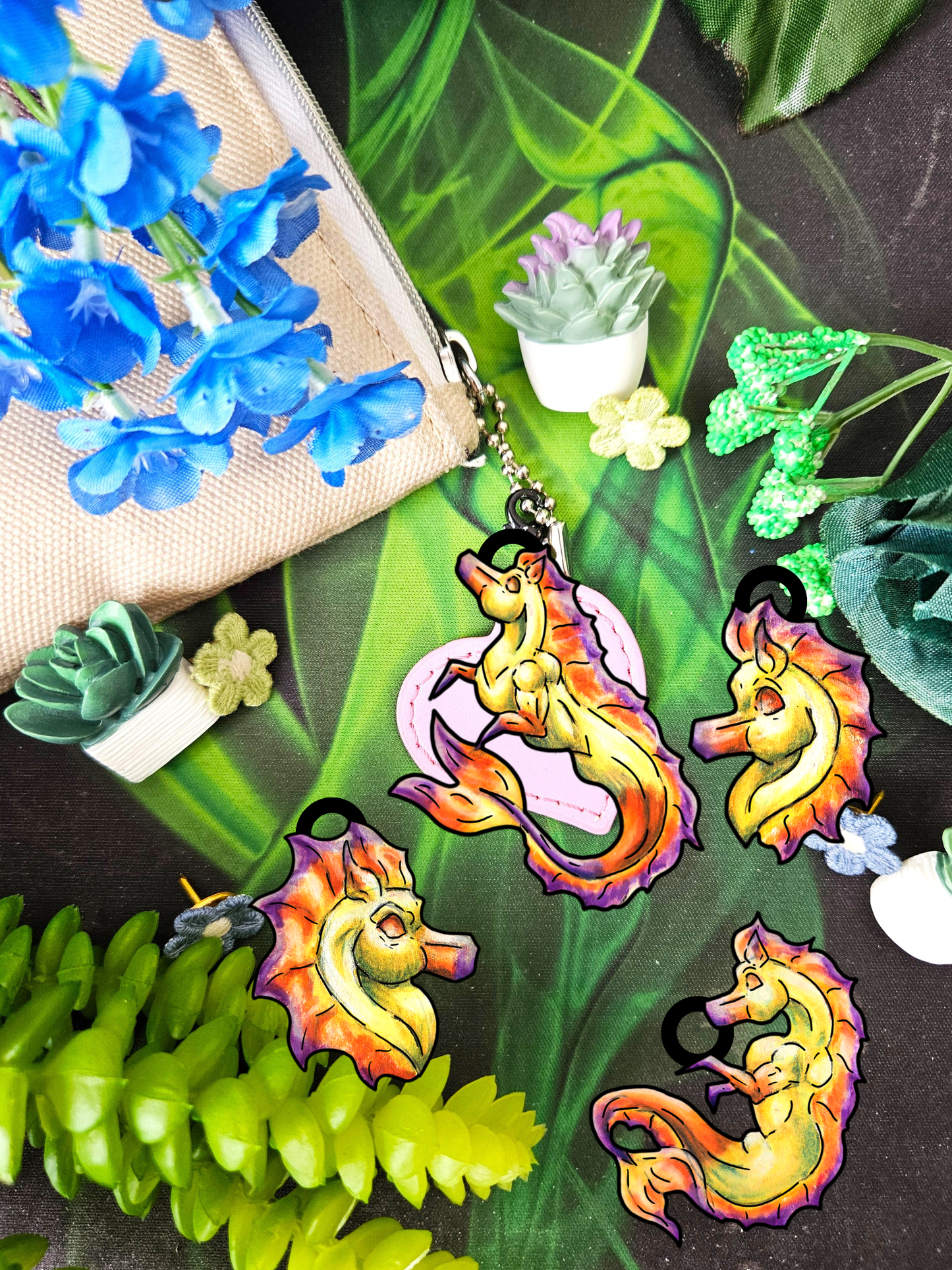 Chibi Sunrise Hippocampus- Golden Ocean Fantasy Art- Golden Reef – Warm Fantasy Sea Creature Art- Shrink Charms 4pk