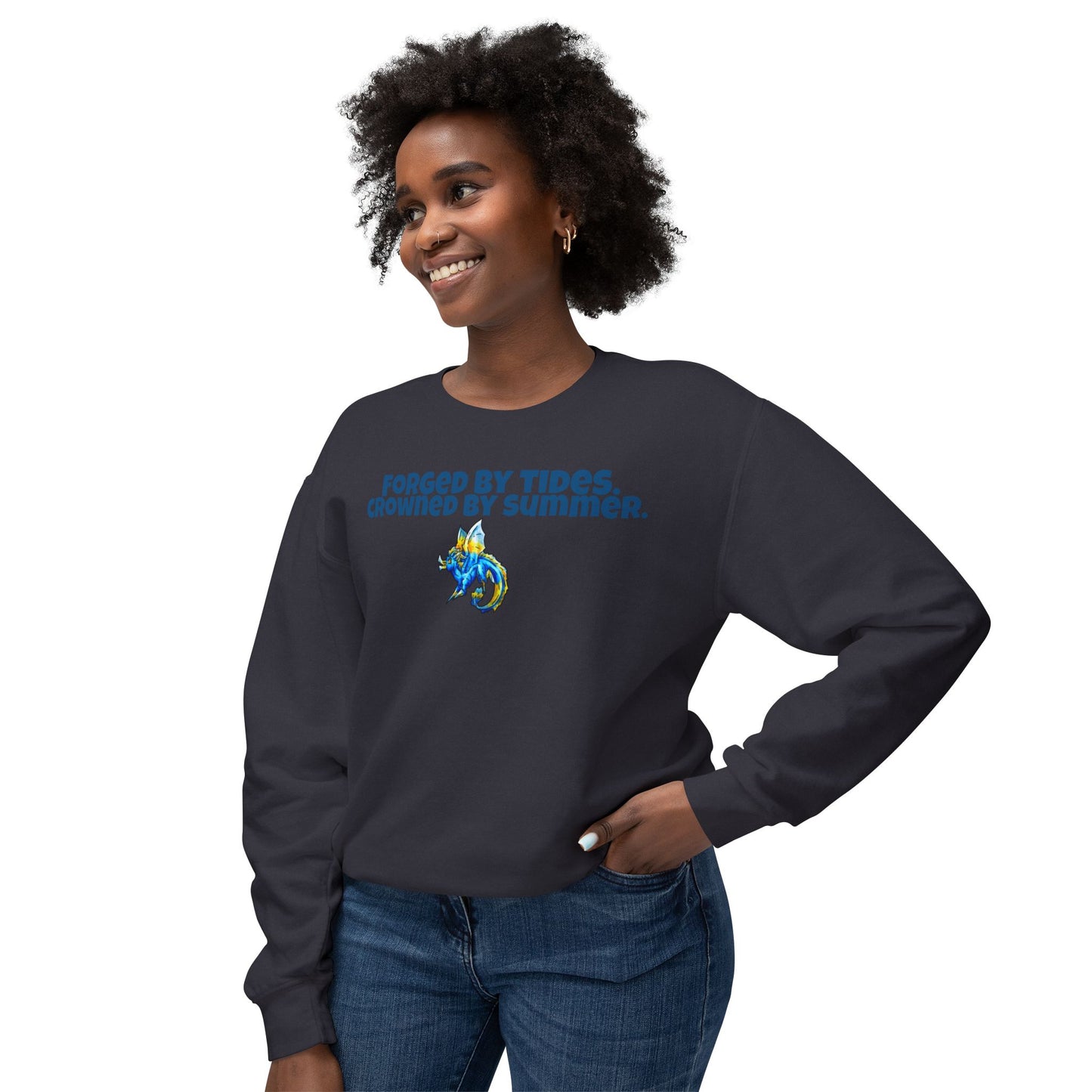 Chibi Summer Dragon- Forged & Crowned- Summer Fantasy- Sunlit Tide Dragon- Crewneck