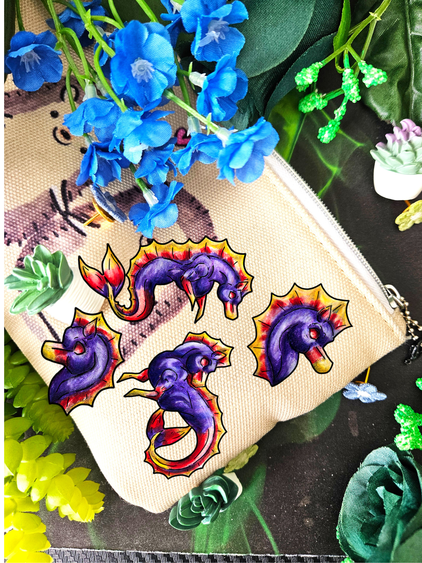 Chibi Sunset Hippocampus- Vibrant Ocean Fantasy Art- Marine Fantasy Illustration- Fantasy Ocean Art- Shrink Pin 4pk