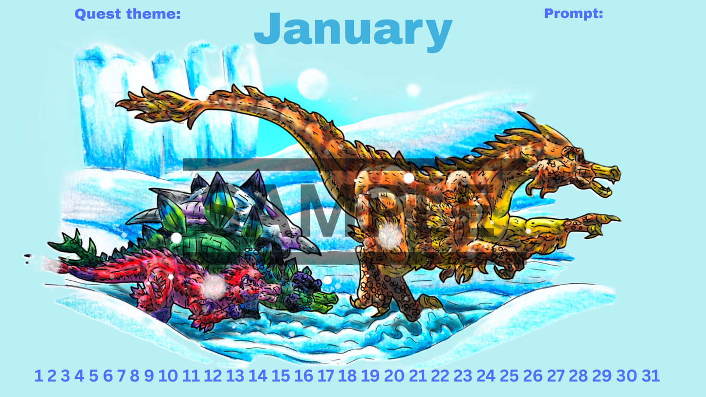 12-Month Dinosaur Adventure Calendar DIGITAL DOWNLOAD Colored Version