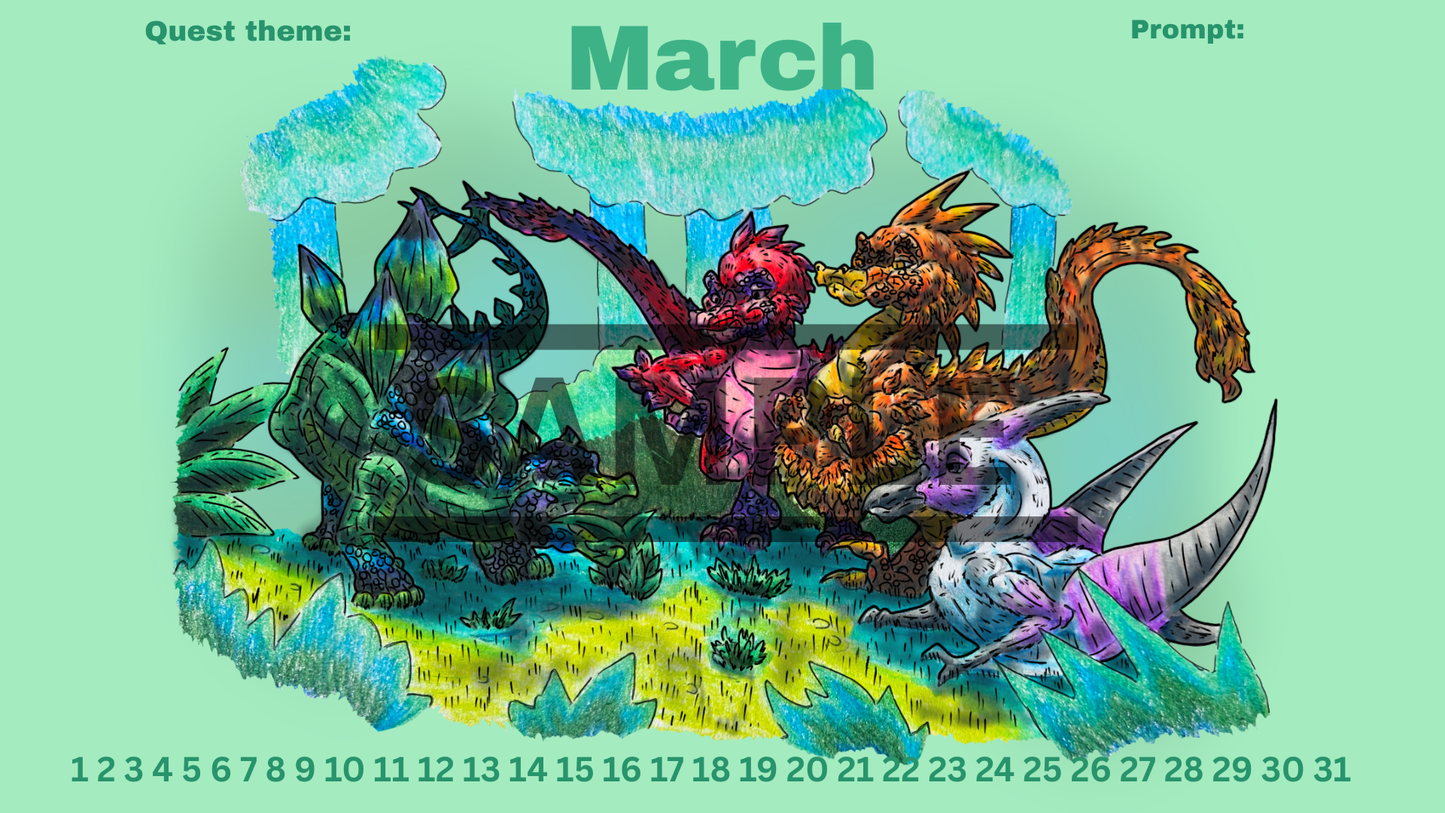 12-Month Dinosaur Adventure Calendar DIGITAL DOWNLOAD Colored Version