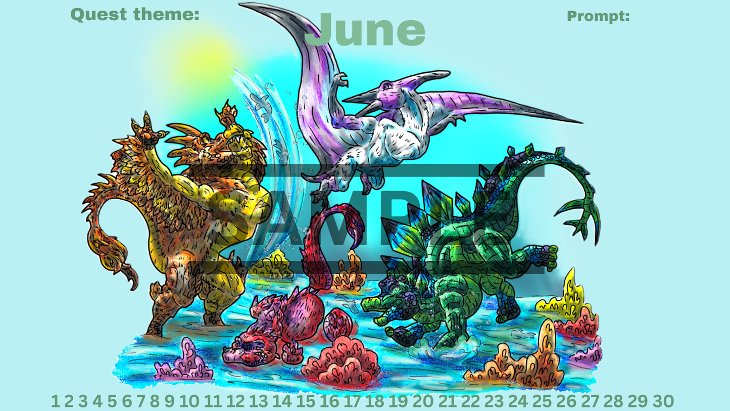 12-Month Dinosaur Adventure Calendar DIGITAL DOWNLOAD Colored Version