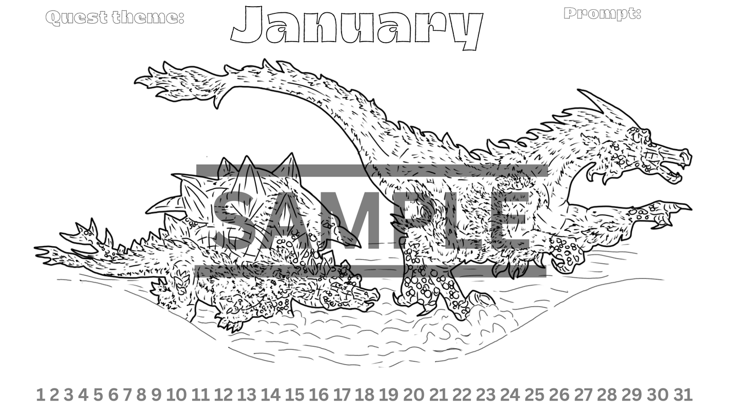 12-Month Dinosaur Adventure Calendar DIGITAL DOWNLOAD Line Art Version