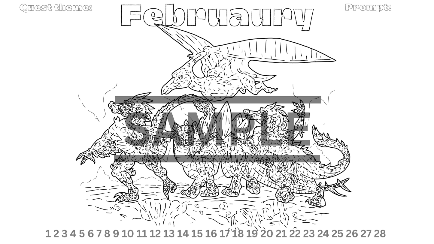 12-Month Dinosaur Adventure Calendar DIGITAL DOWNLOAD Line Art Version