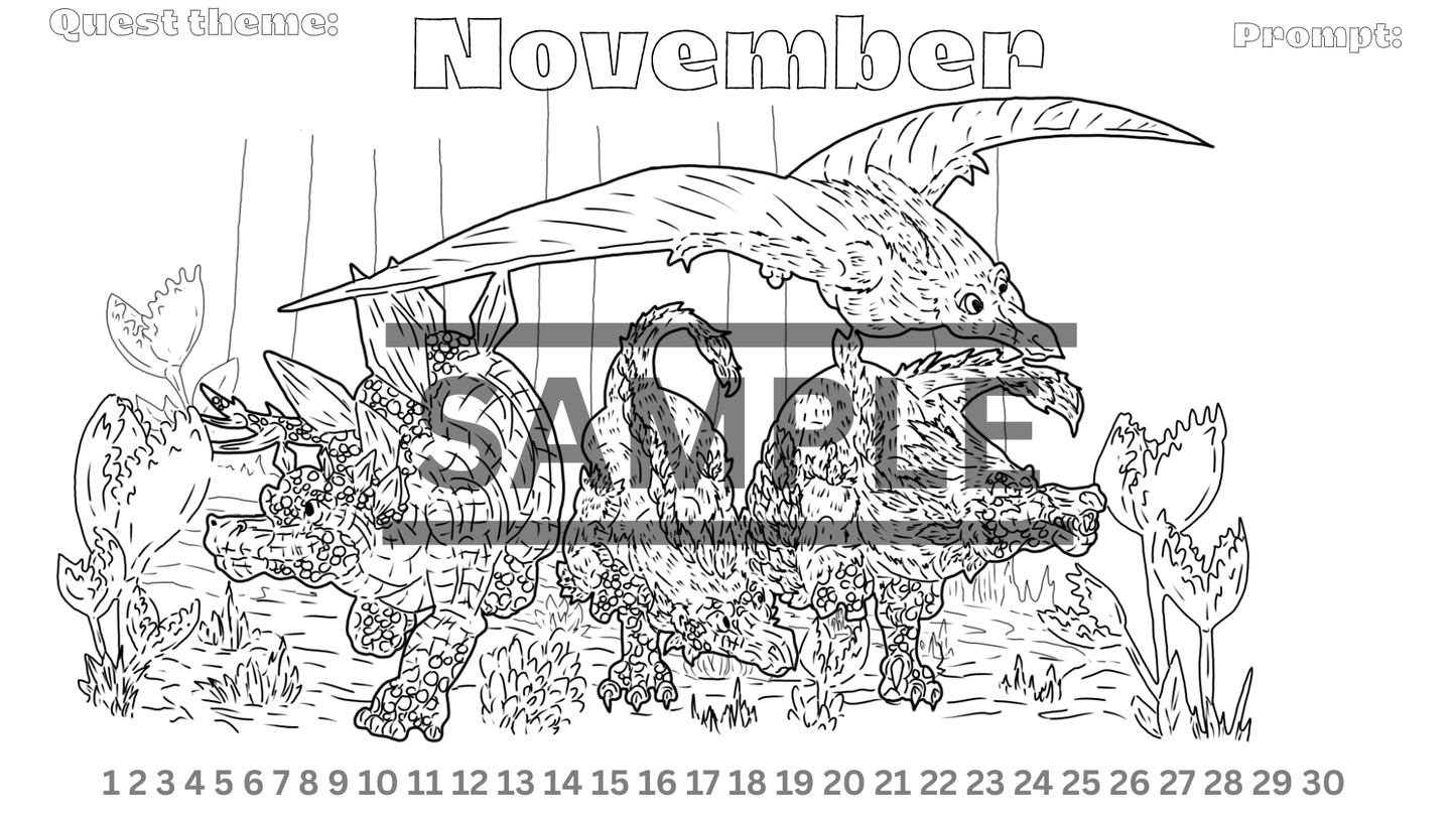 12-Month Dinosaur Adventure Calendar DIGITAL DOWNLOAD Line Art Version