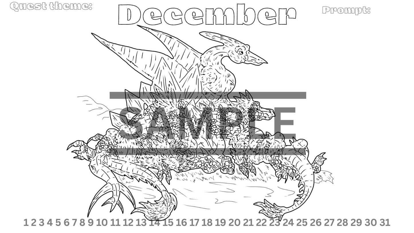 12-Month Dinosaur Adventure Calendar DIGITAL DOWNLOAD Line Art Version