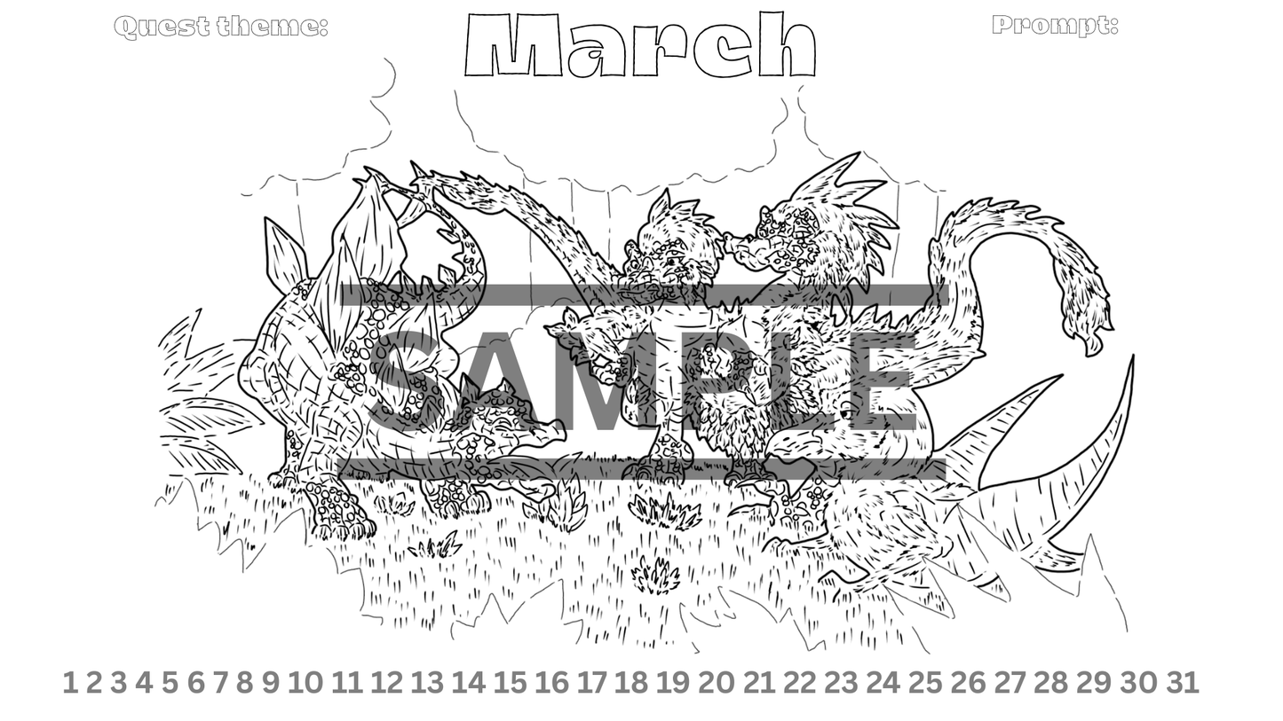 12-Month Dinosaur Adventure Calendar DIGITAL DOWNLOAD Line Art Version