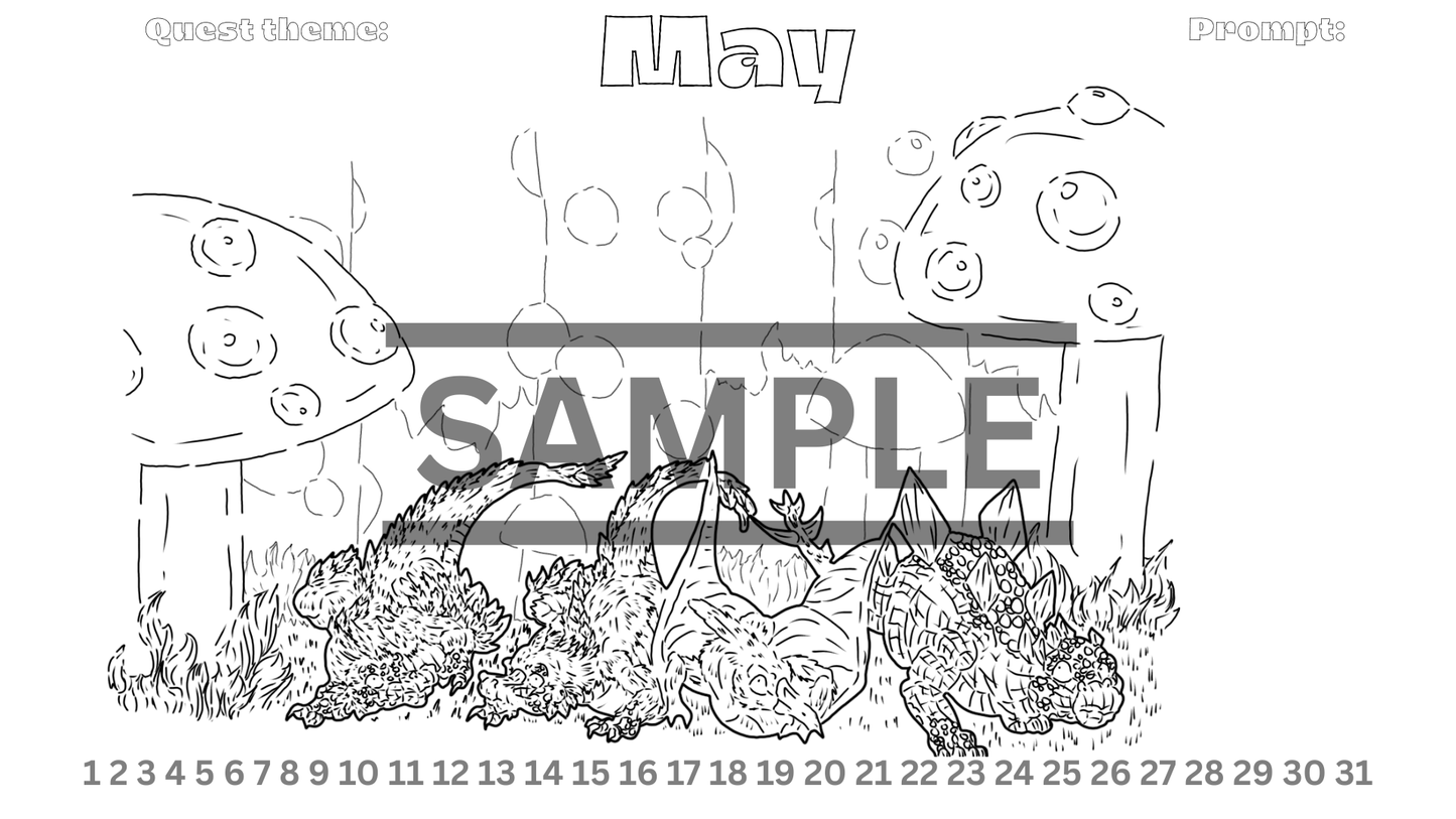 12-Month Dinosaur Adventure Calendar DIGITAL DOWNLOAD Line Art Version