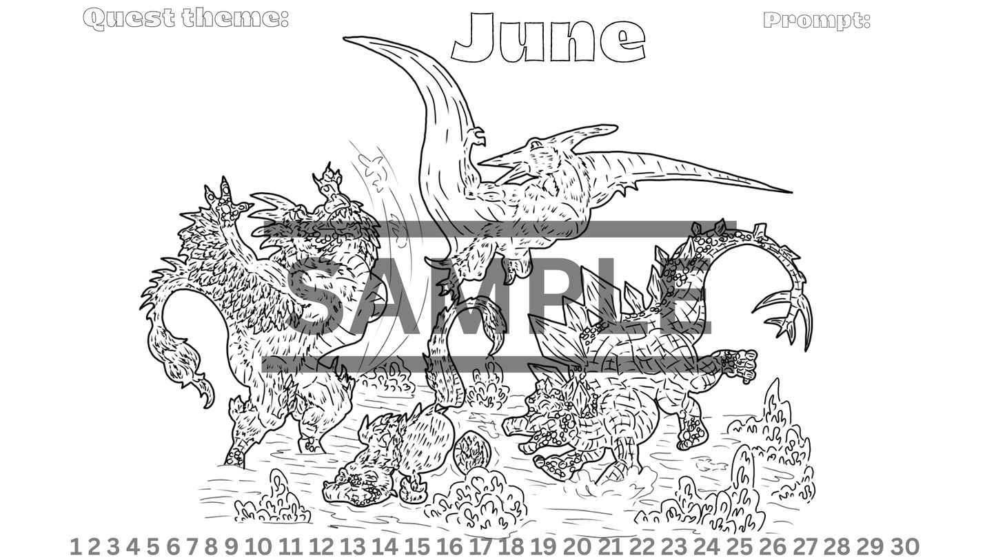12-Month Dinosaur Adventure Calendar DIGITAL DOWNLOAD Line Art Version