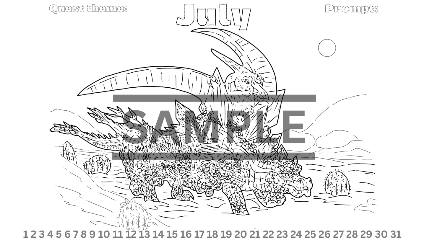 12-Month Dinosaur Adventure Calendar DIGITAL DOWNLOAD Line Art Version