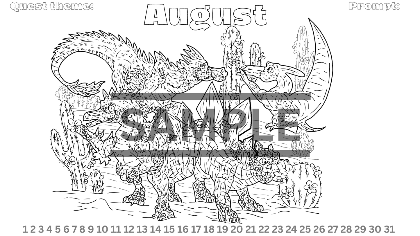 12-Month Dinosaur Adventure Calendar DIGITAL DOWNLOAD Line Art Version