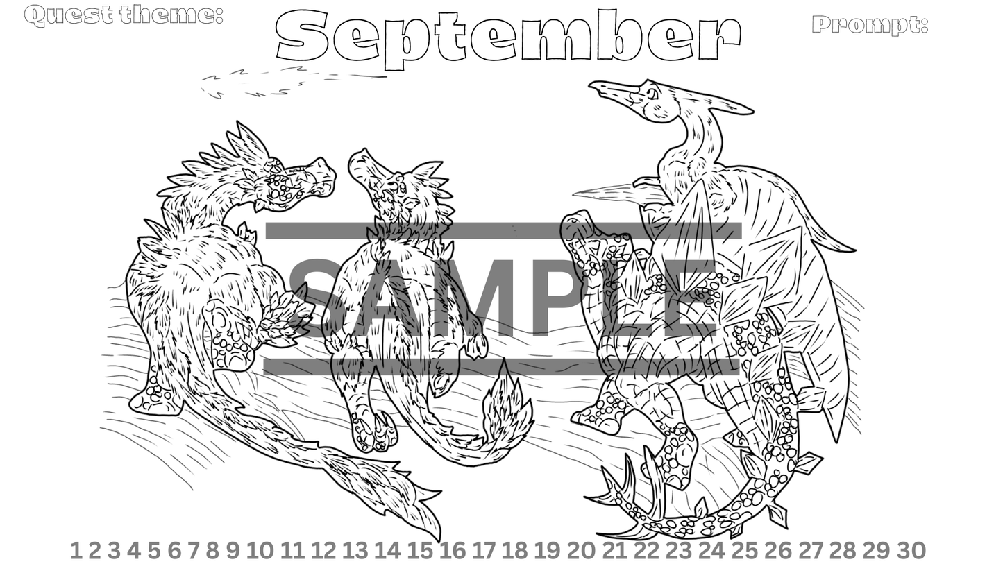 12-Month Dinosaur Adventure Calendar DIGITAL DOWNLOAD Line Art Version