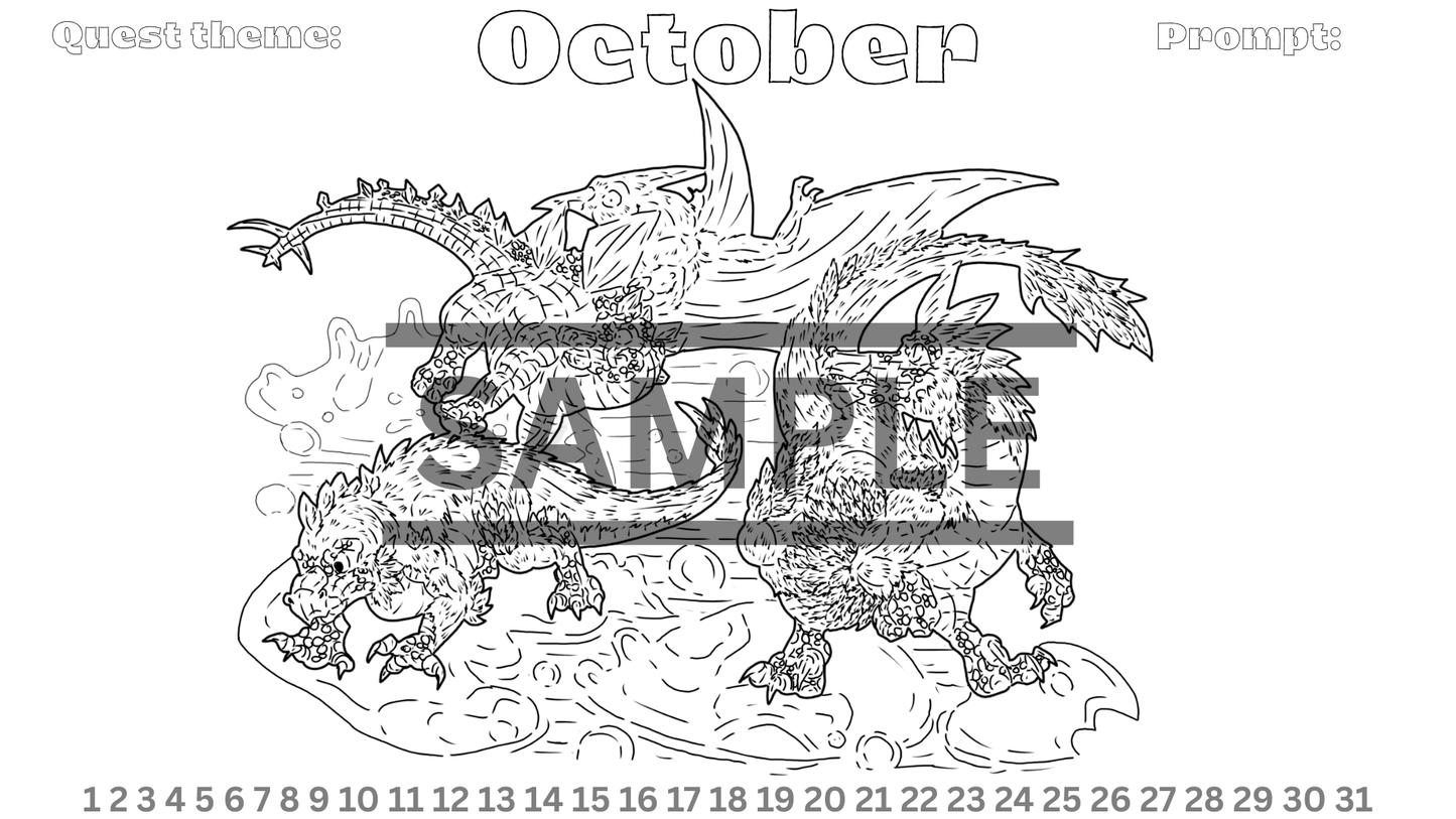 12-Month Dinosaur Adventure Calendar DIGITAL DOWNLOAD Line Art Version