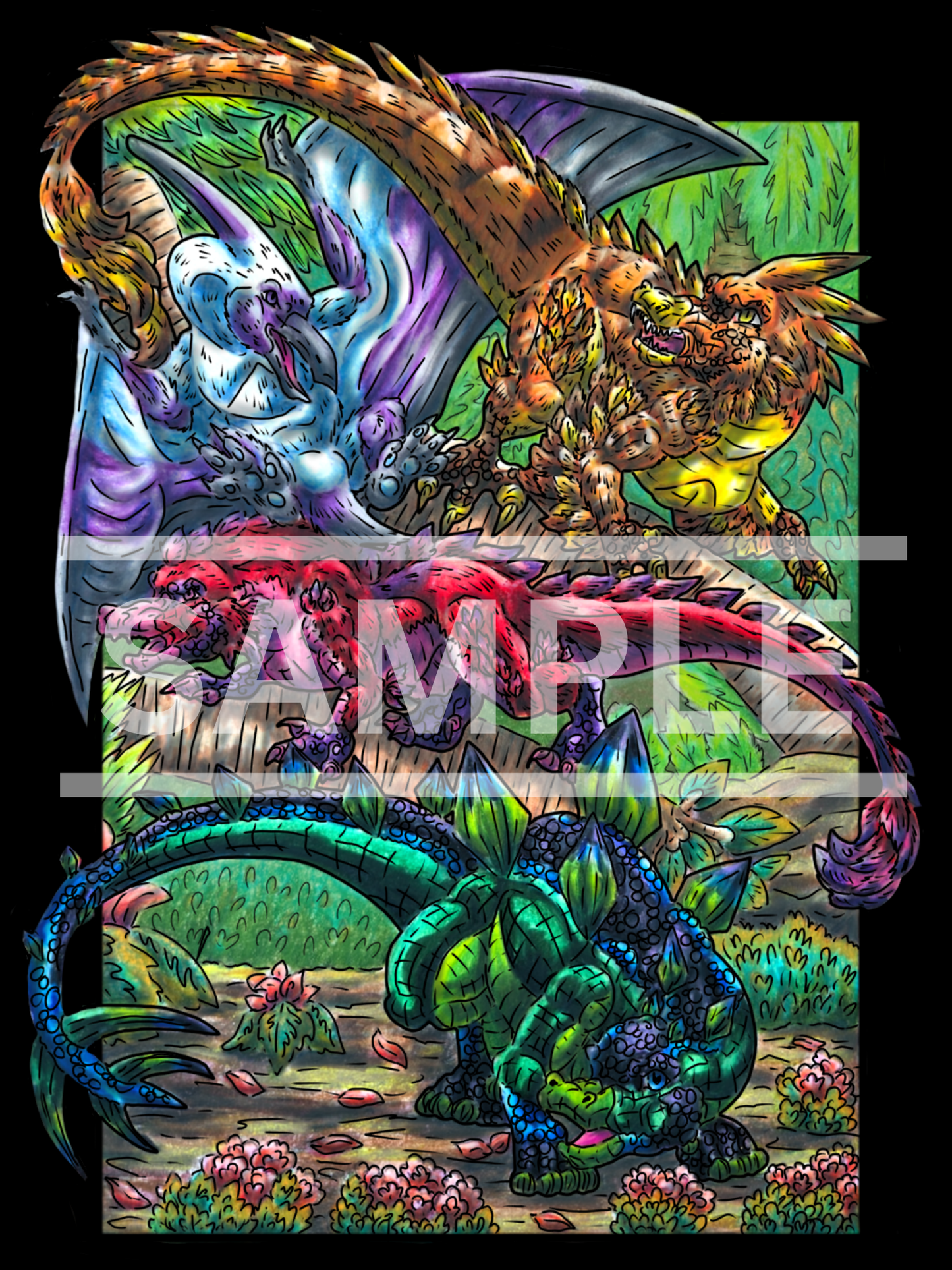 4 Dinosaur group Prints DIGITAL DOWNLOAD Colored Version