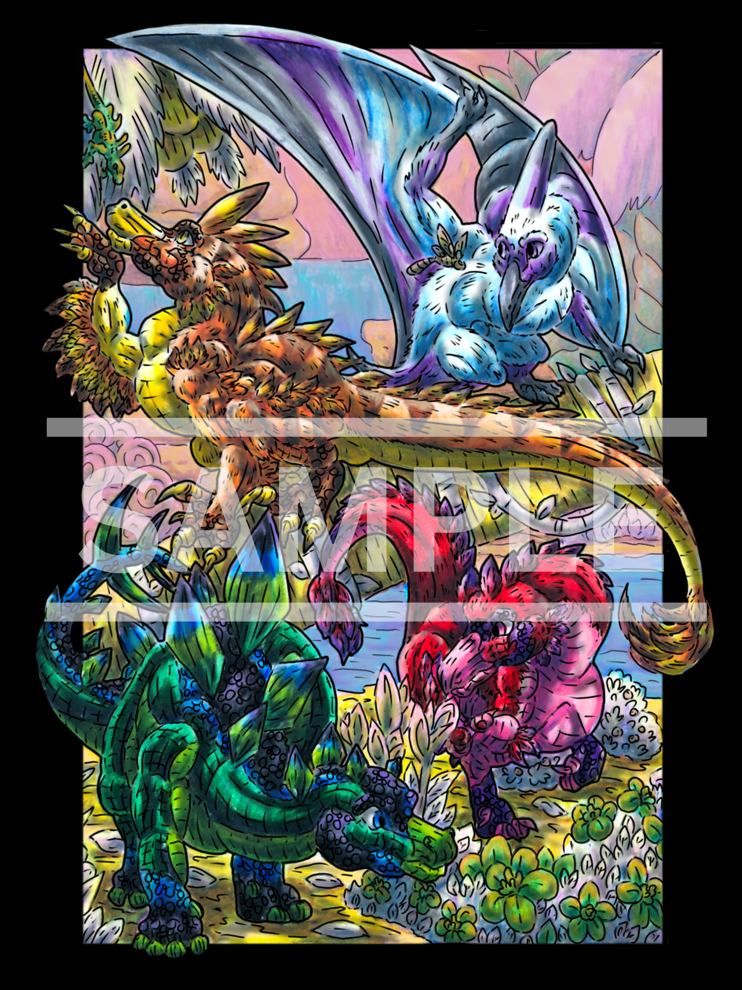 4 Dinosaur group Prints DIGITAL DOWNLOAD Colored Version