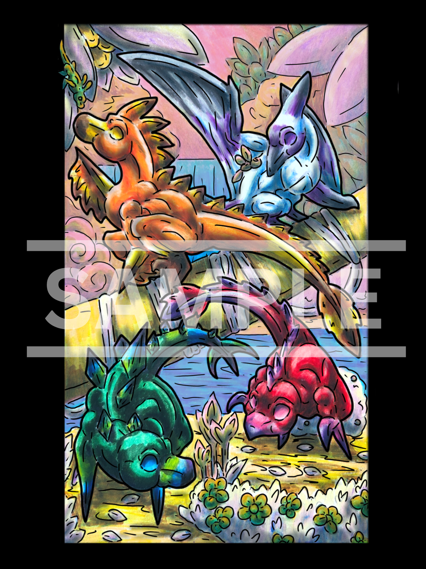 4 Dinosaur group Prints DIGITAL DOWNLOAD Colored Version
